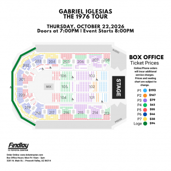 Seating Chart for Gabriel Iglesias at the Findlay Toyota Center on October 22, 2026